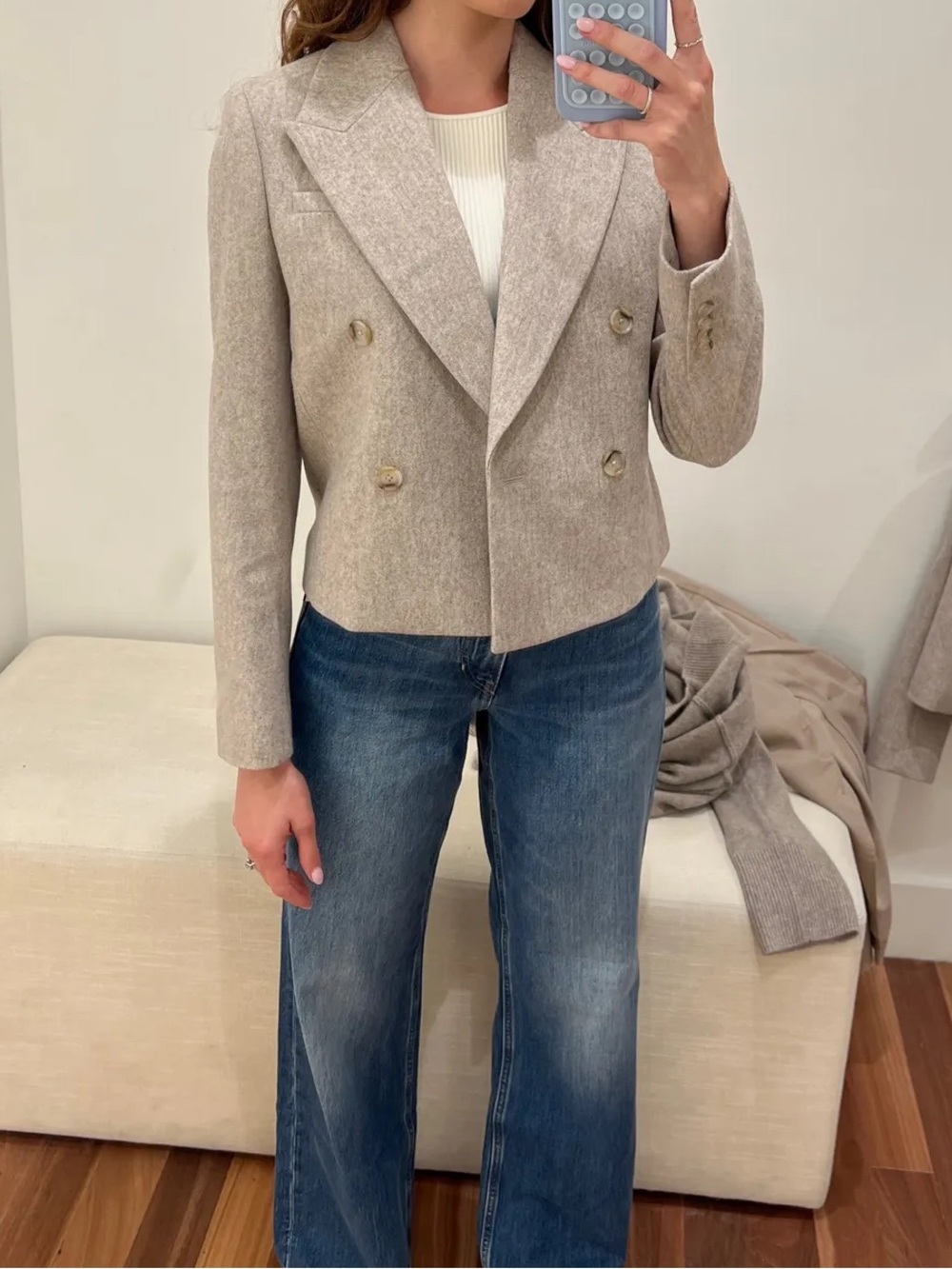 Banana Republic 100% Wool Herringbone Crop Blazer Taupe Size 10